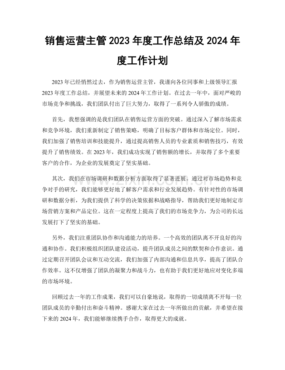 销售运营主管2023年度工作总结及2024年度工作计划.docx_第1页