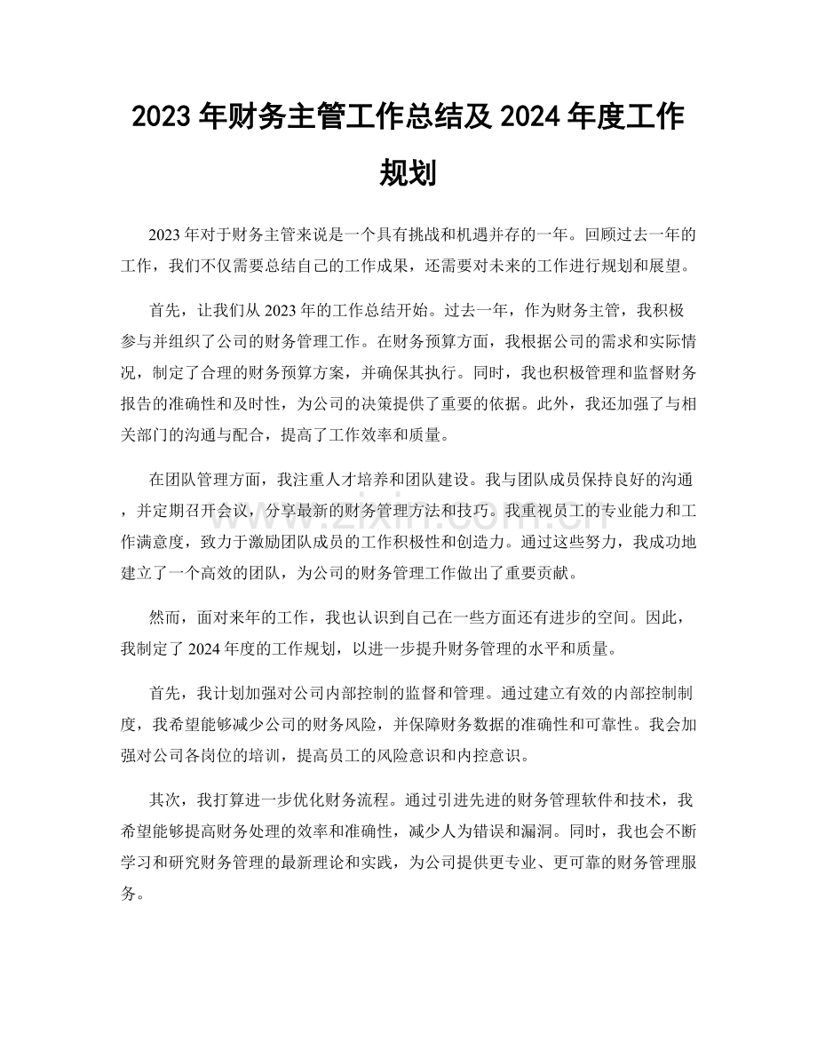 2023年财务主管工作总结及2024年度工作规划.docx_第1页