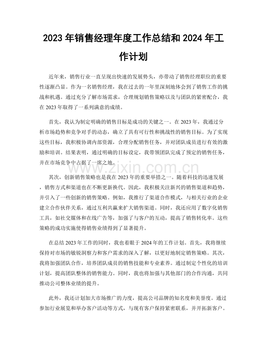 2023年销售经理年度工作总结和2024年工作计划.docx_第1页