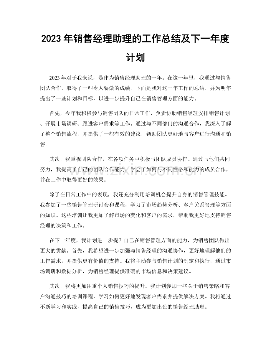 2023年销售经理助理的工作总结及下一年度计划.docx_第1页