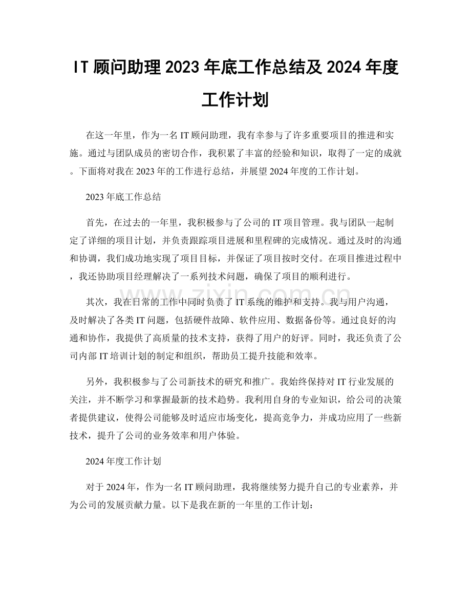 IT顾问助理2023年底工作总结及2024年度工作计划.docx_第1页