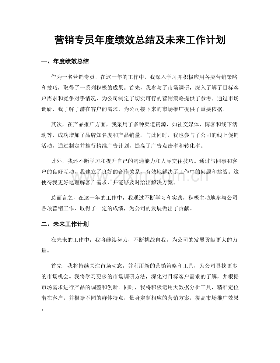 营销专员年度绩效总结及未来工作计划.docx_第1页