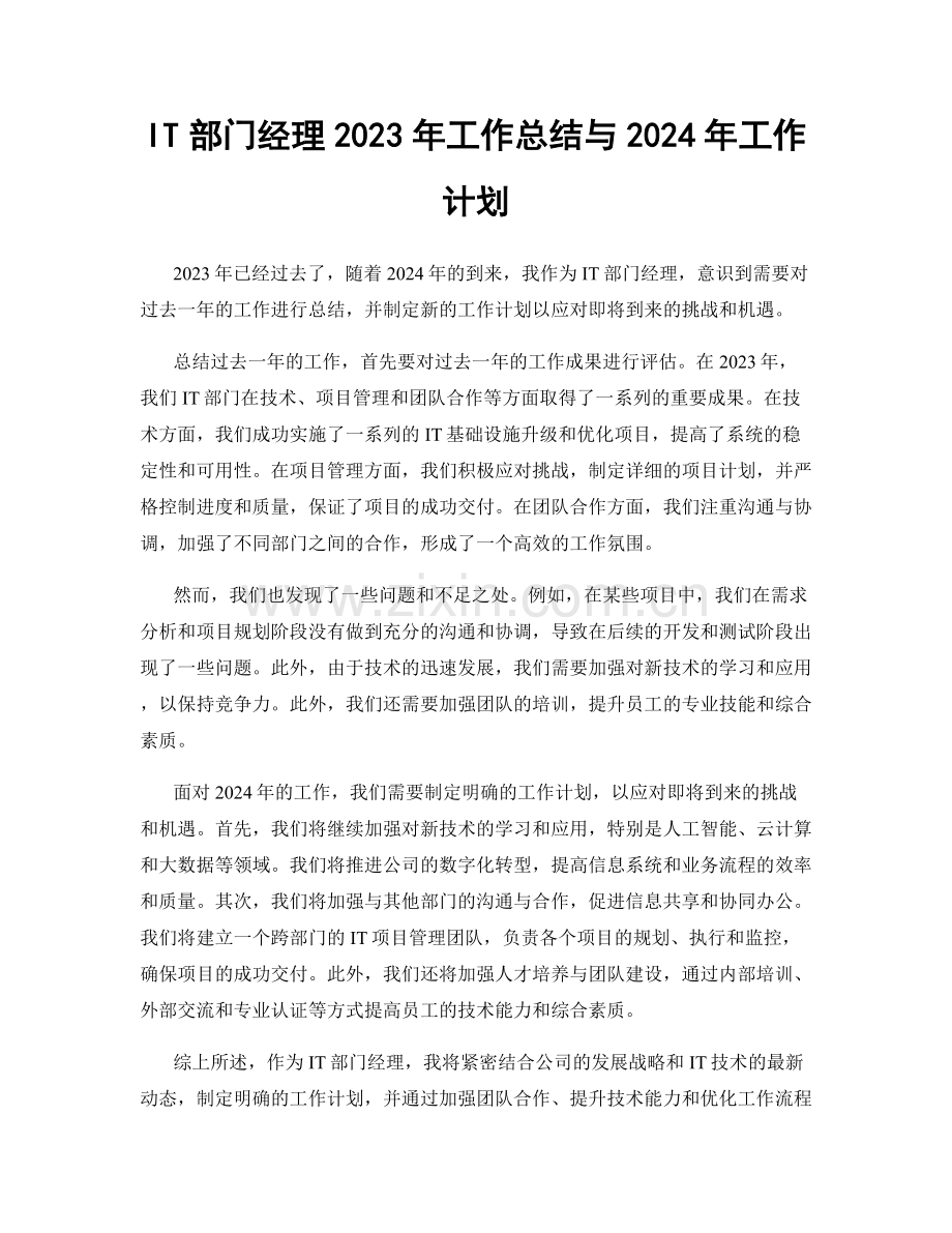 IT部门经理2023年工作总结与2024年工作计划.docx_第1页