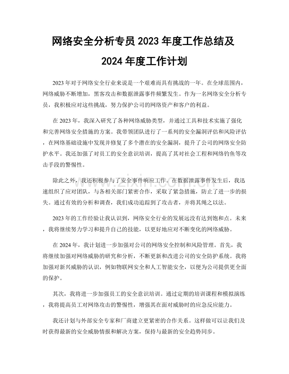 网络安全分析专员2023年度工作总结及2024年度工作计划.docx_第1页