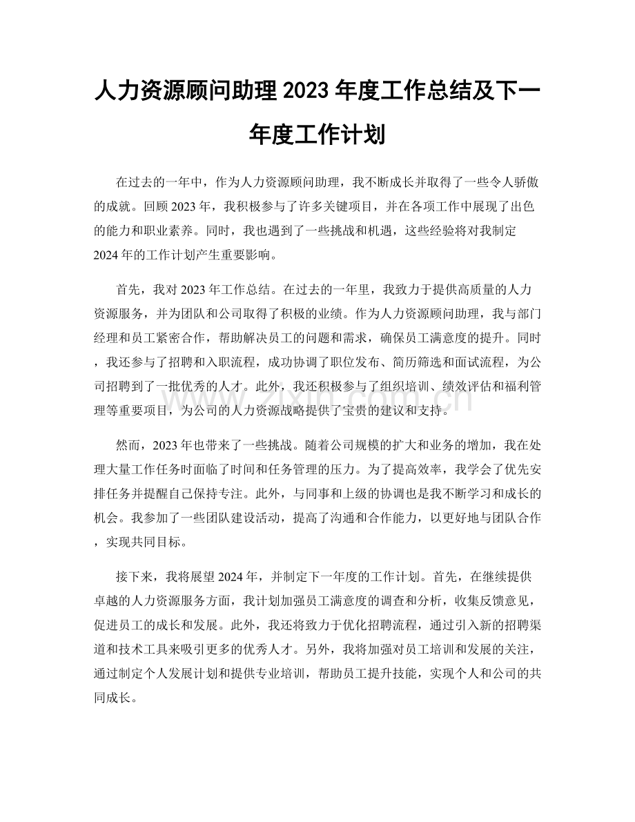 人力资源顾问助理2023年度工作总结及下一年度工作计划.docx_第1页