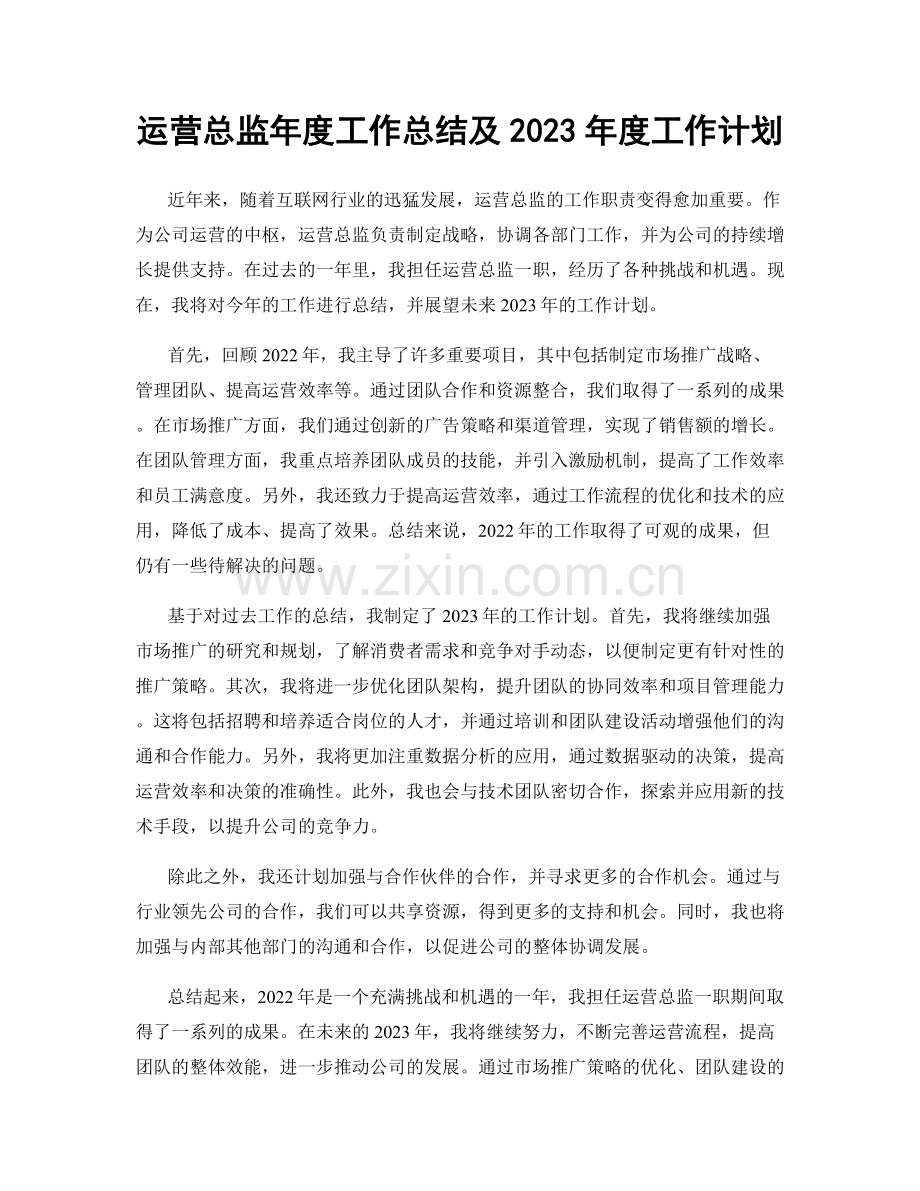 运营总监年度工作总结及2023年度工作计划.docx_第1页