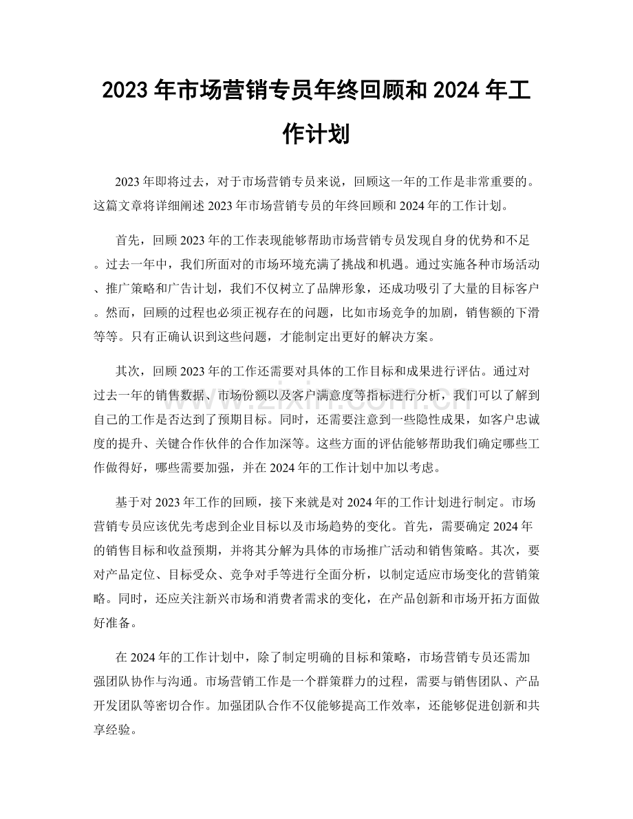 2023年市场营销专员年终回顾和2024年工作计划.docx_第1页