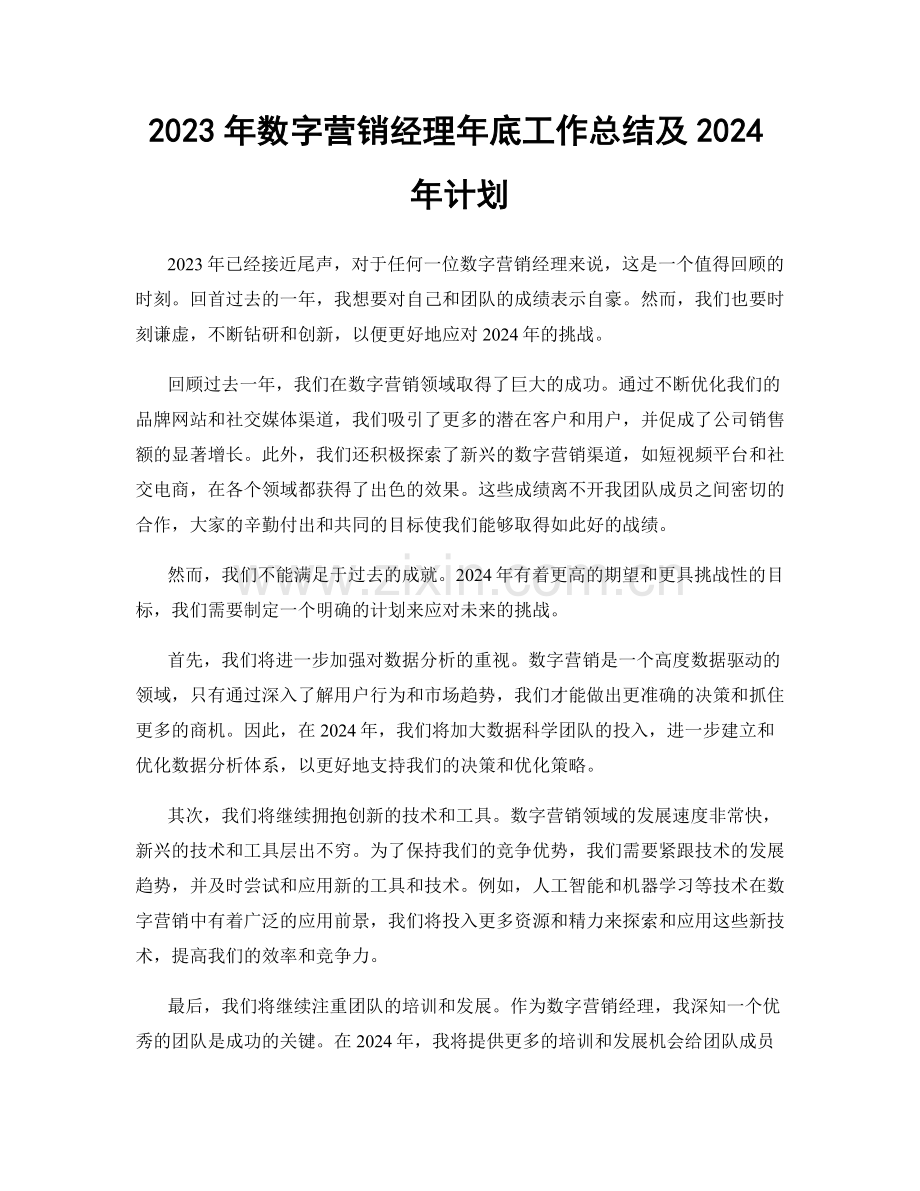 2023年数字营销经理年底工作总结及2024年计划.docx_第1页