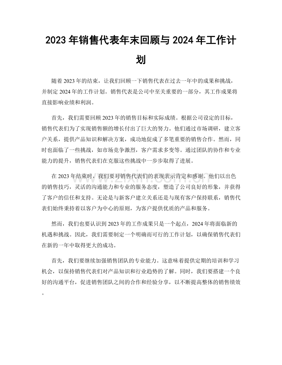 2023年销售代表年末回顾与2024年工作计划.docx_第1页