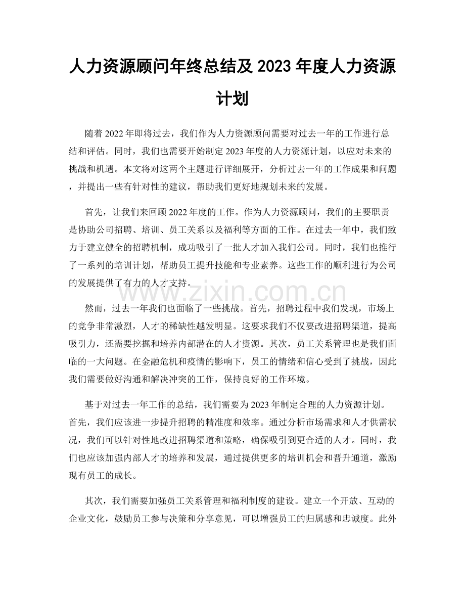 人力资源顾问年终总结及2023年度人力资源计划.docx_第1页