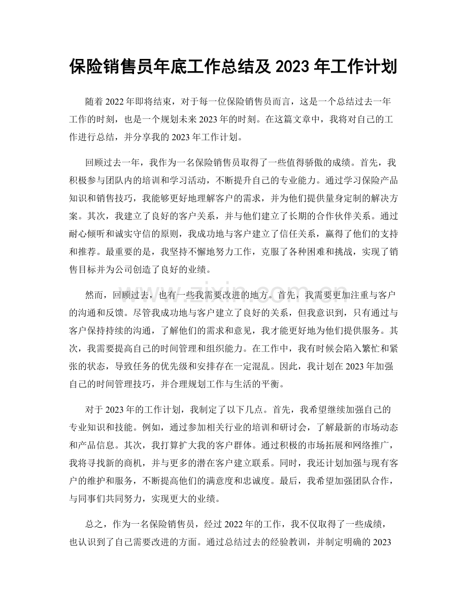 保险销售员年底工作总结及2023年工作计划.docx_第1页