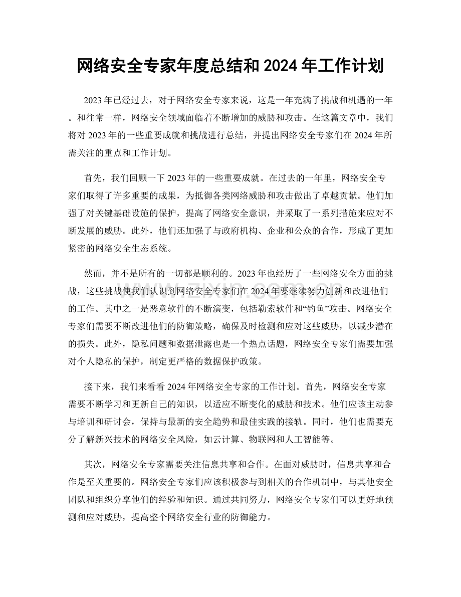 网络安全专家年度总结和2024年工作计划.docx_第1页