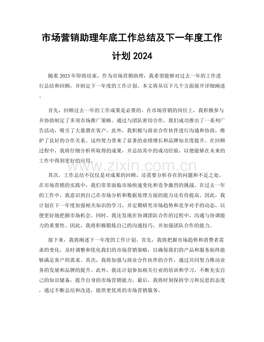 市场营销助理年底工作总结及下一年度工作计划2024.docx_第1页