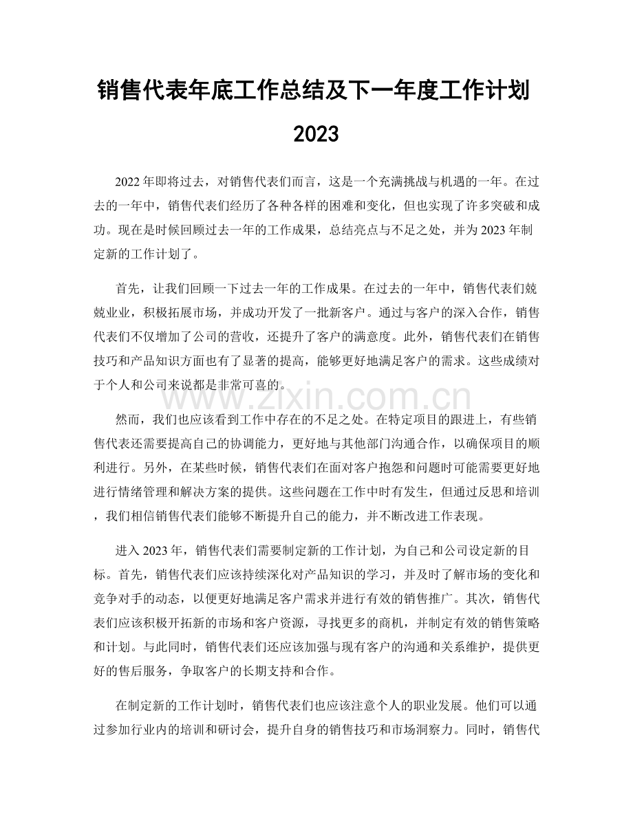 销售代表年底工作总结及下一年度工作计划2023.docx_第1页