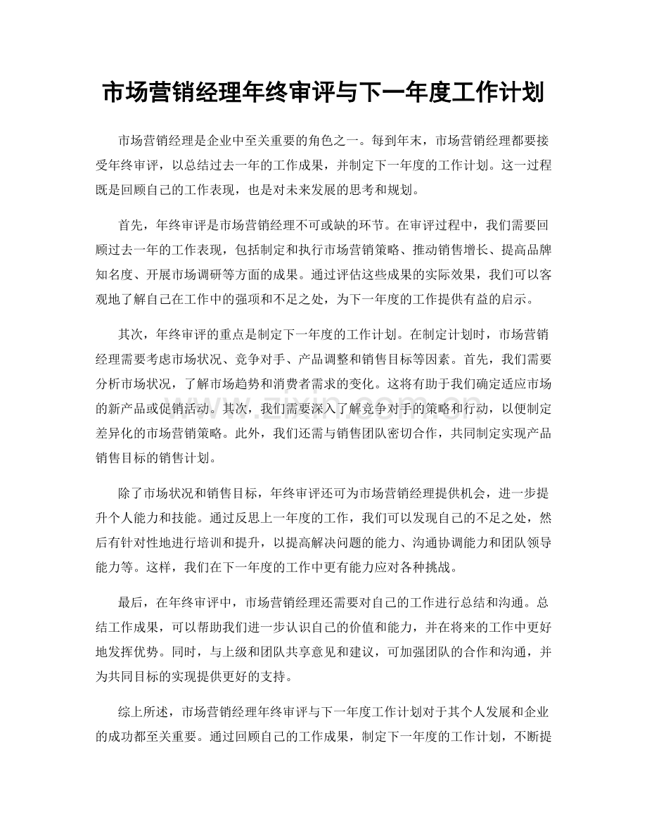 市场营销经理年终审评与下一年度工作计划.docx_第1页