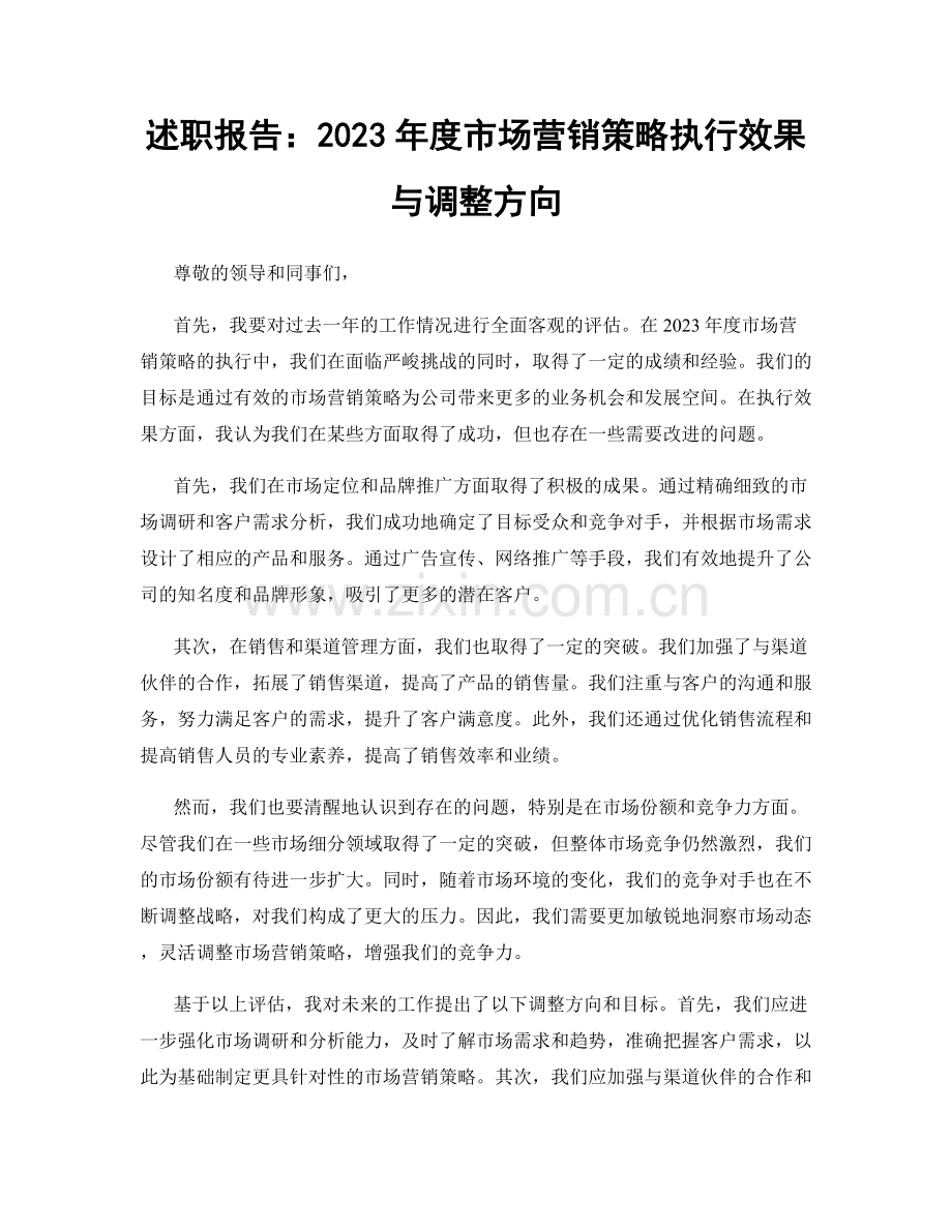 述职报告：2023年度市场营销策略执行效果与调整方向.docx_第1页