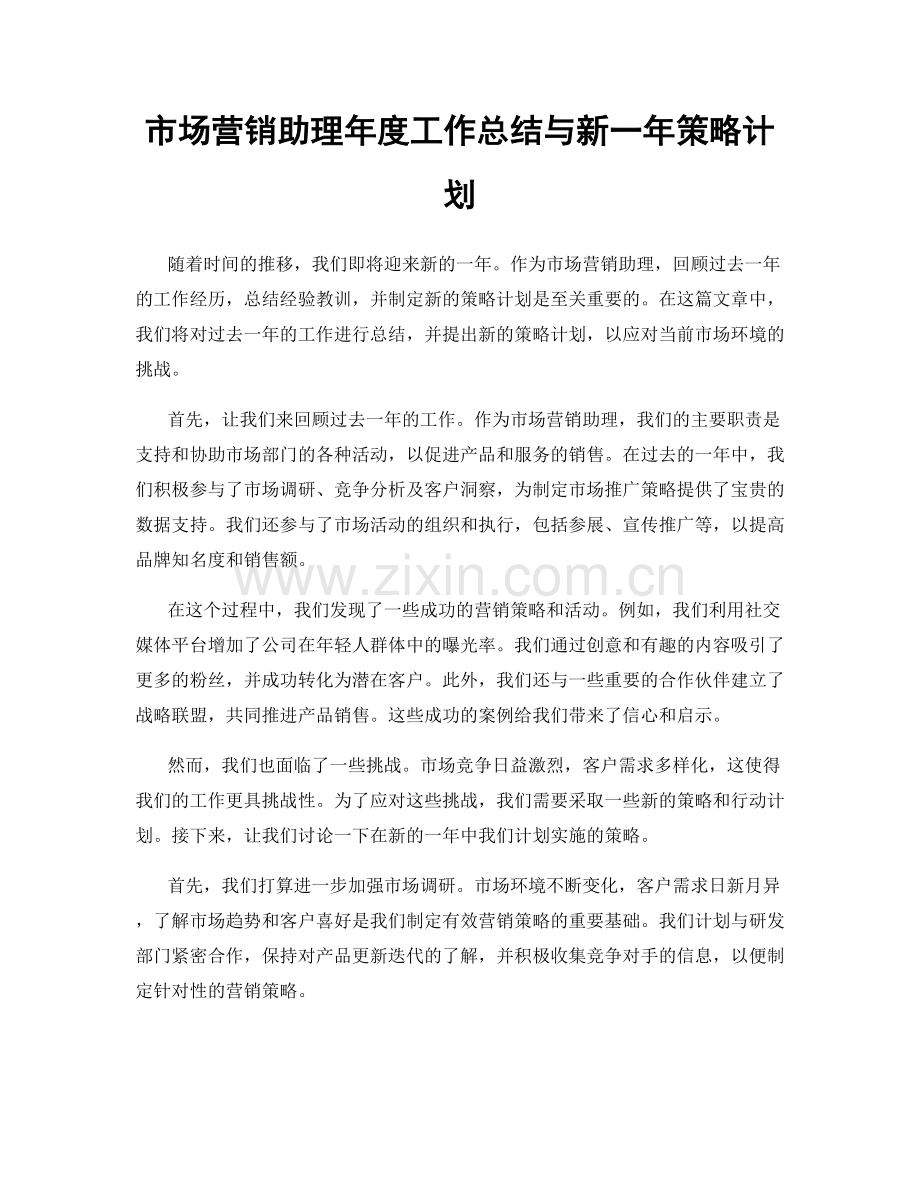 市场营销助理年度工作总结与新一年策略计划.docx_第1页