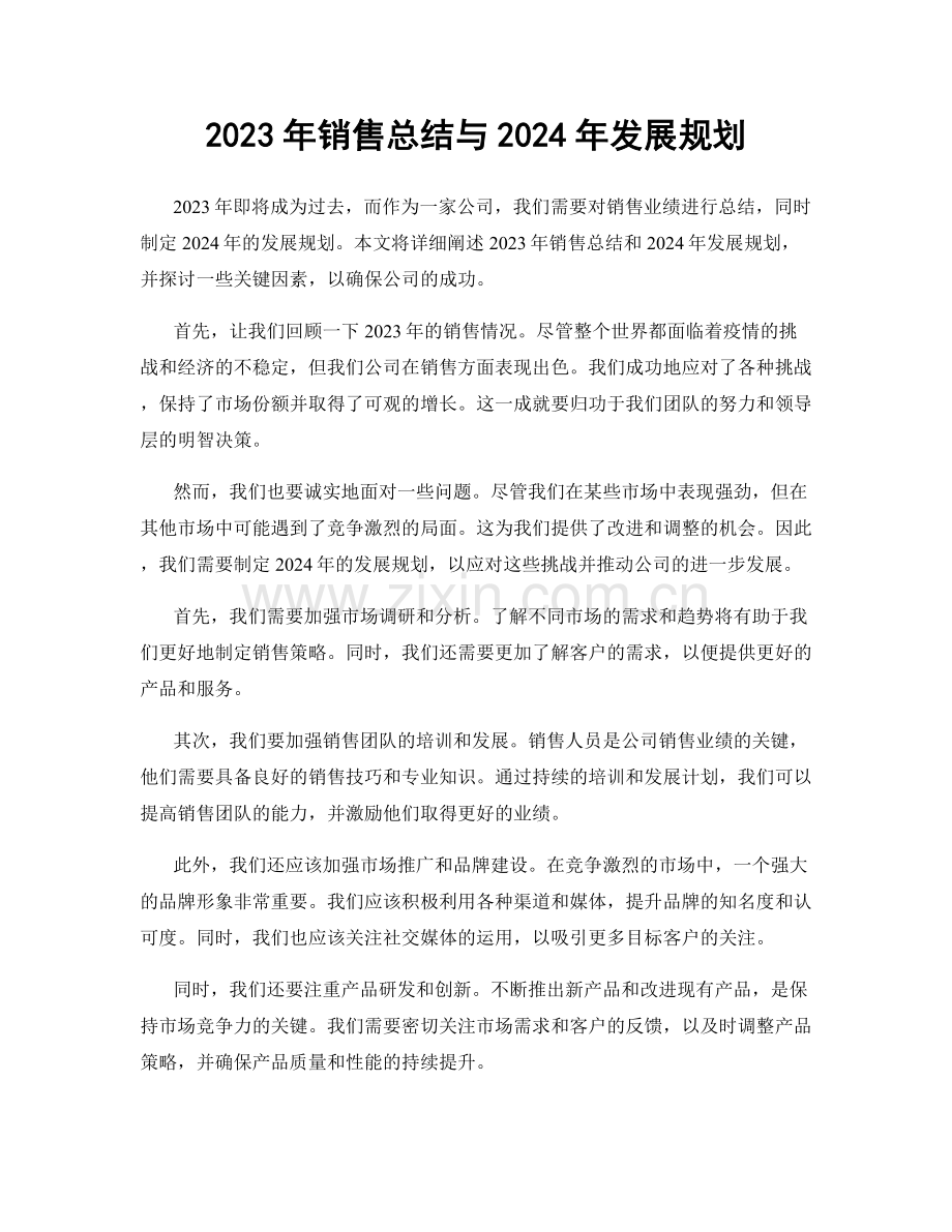 2023年销售总结与2024年发展规划.docx_第1页