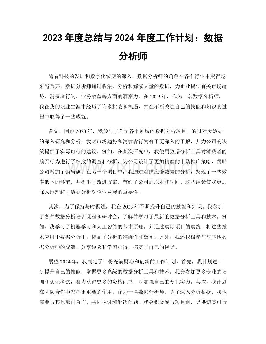 2023年度总结与2024年度工作计划：数据分析师.docx_第1页