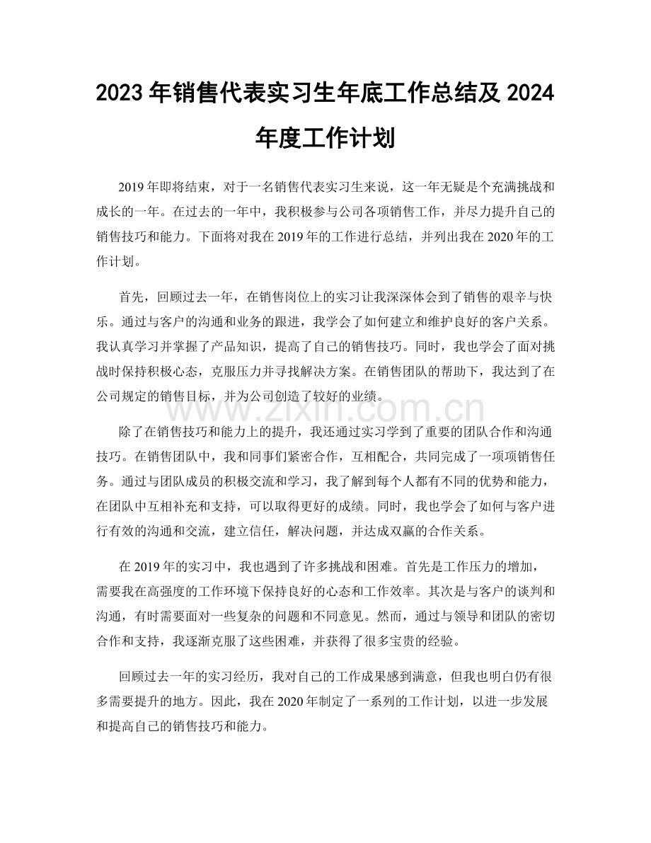 2023年销售代表实习生年底工作总结及2024年度工作计划.docx_第1页