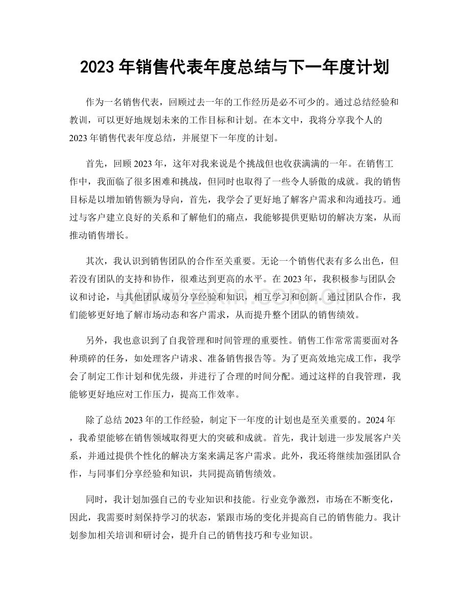 2023年销售代表年度总结与下一年度计划.docx_第1页