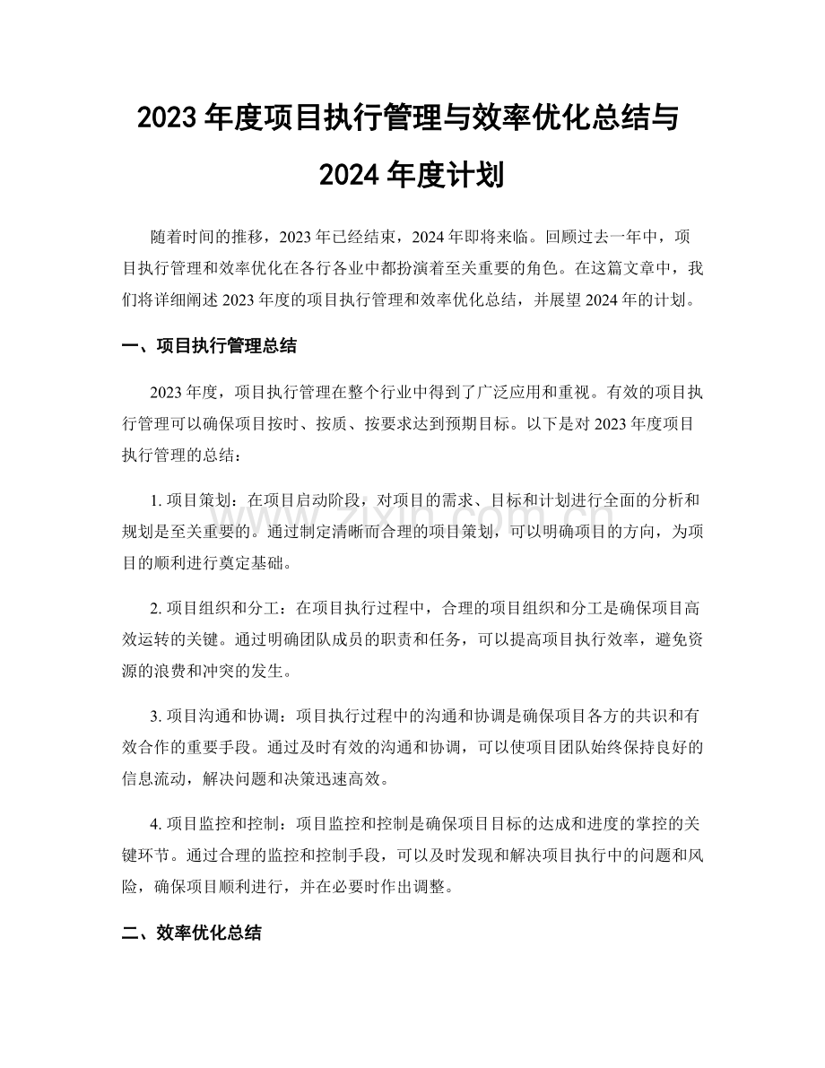 2023年度项目执行管理与效率优化总结与2024年度计划.docx_第1页