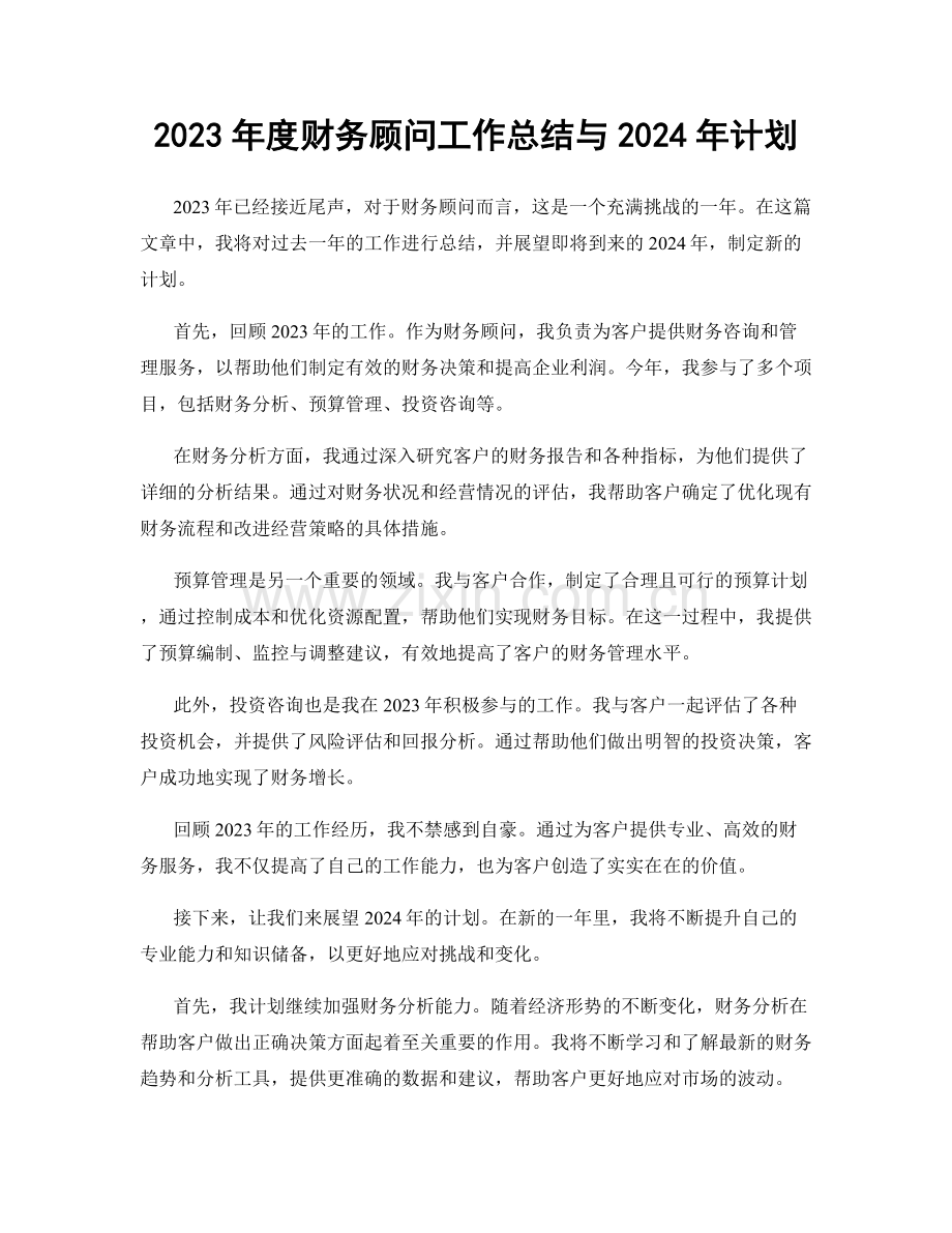 2023年度财务顾问工作总结与2024年计划.docx_第1页