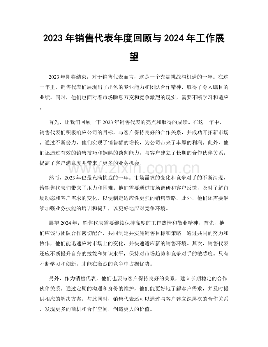 2023年销售代表年度回顾与2024年工作展望.docx_第1页