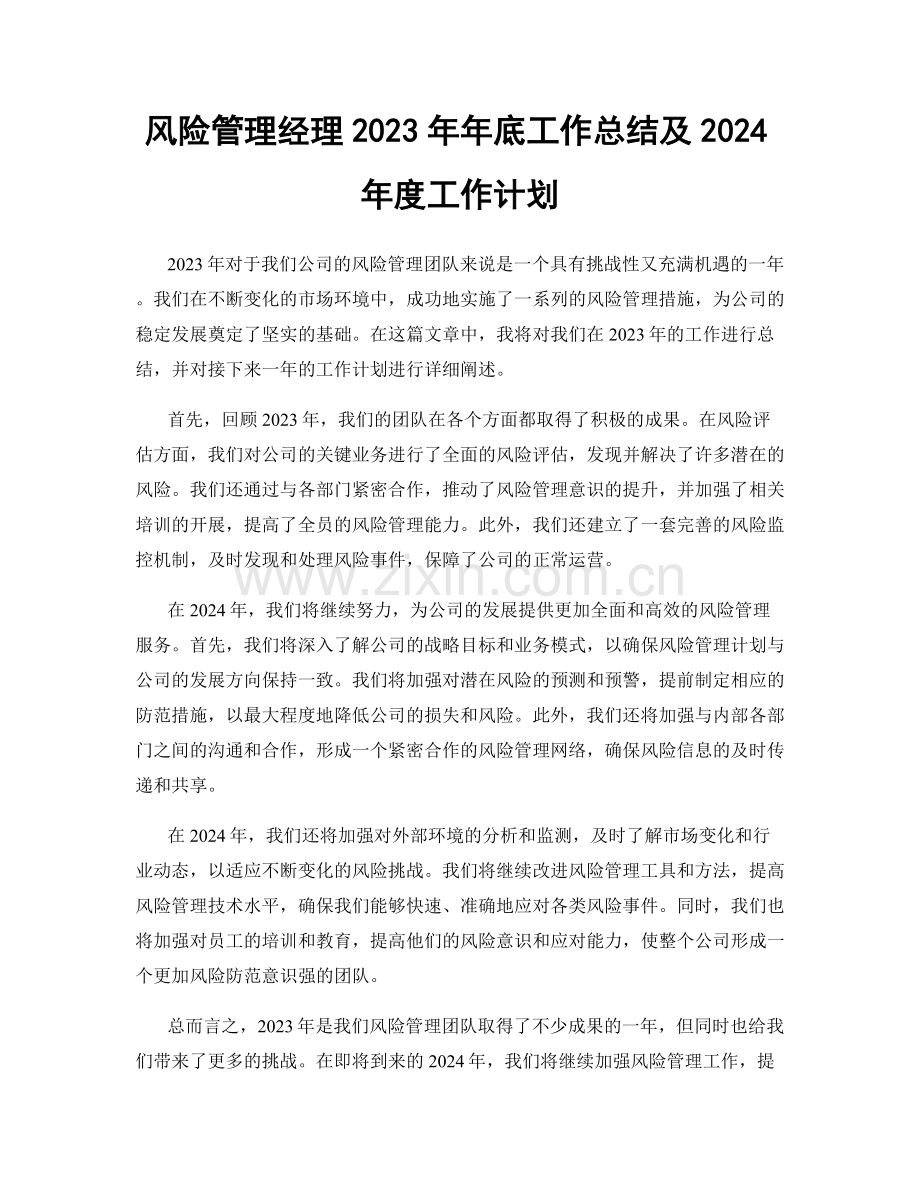 风险管理经理2023年年底工作总结及2024年度工作计划.docx_第1页