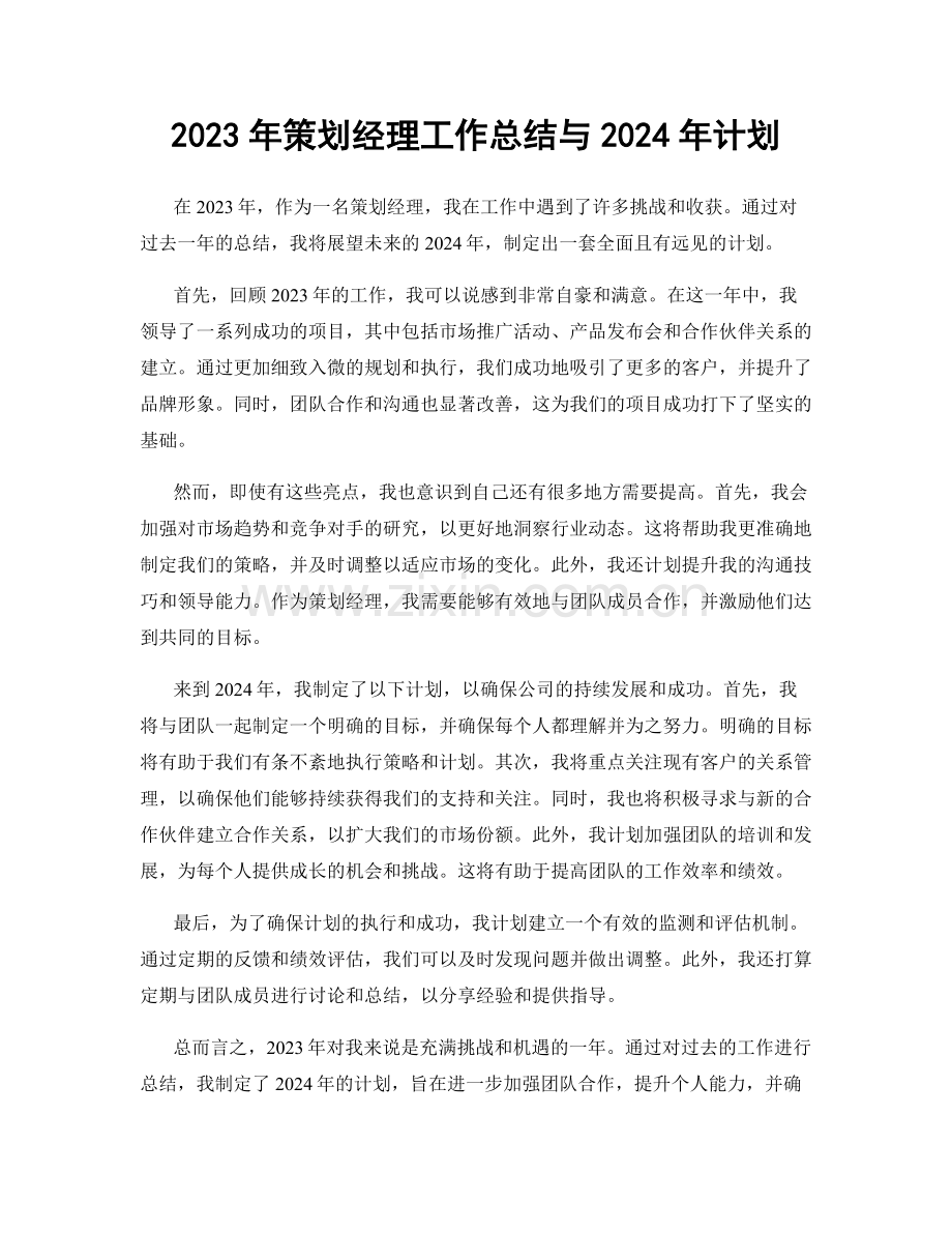 2023年策划经理工作总结与2024年计划.docx_第1页