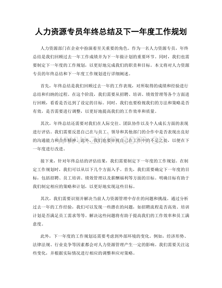 人力资源专员年终总结及下一年度工作规划.docx_第1页