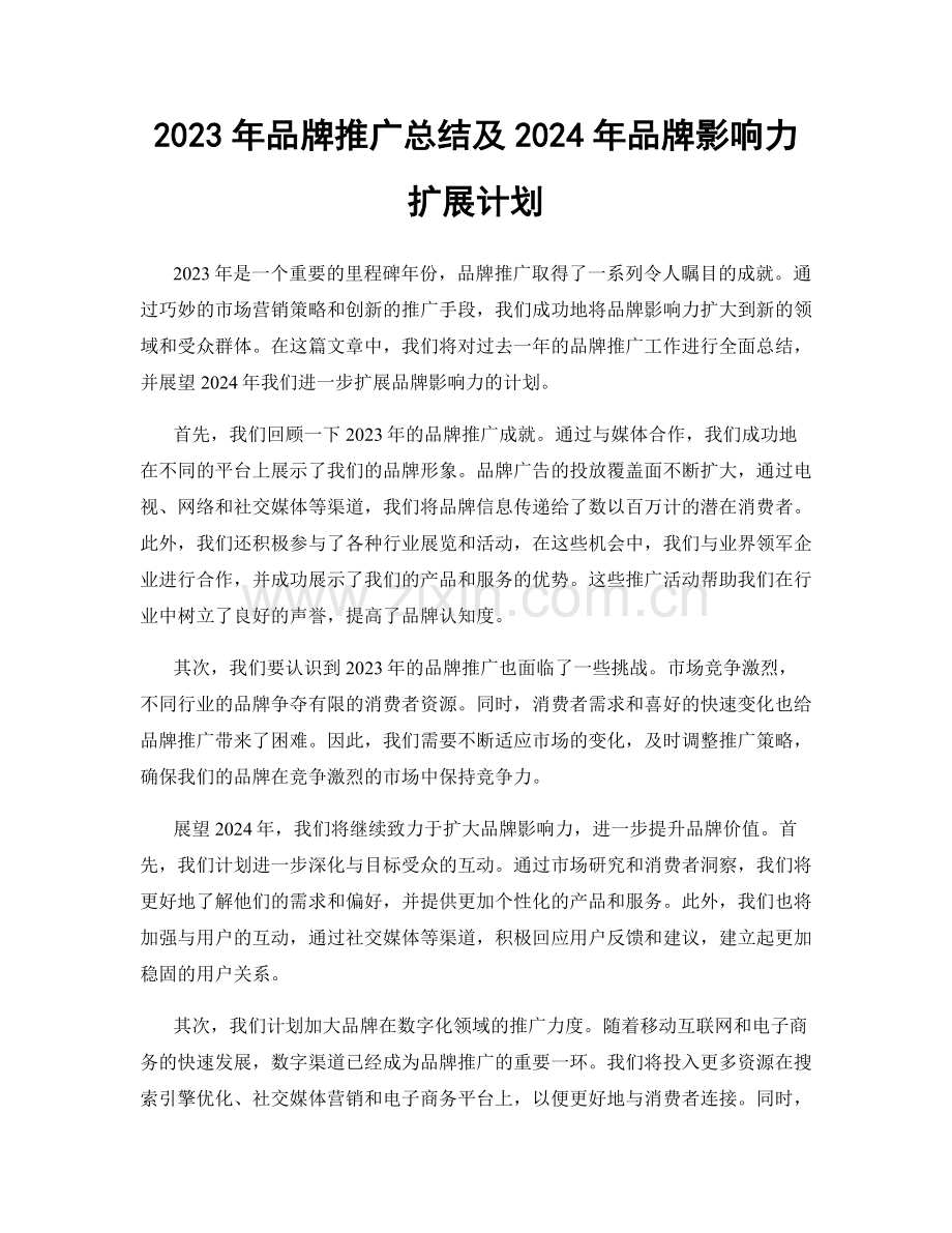 2023年品牌推广总结及2024年品牌影响力扩展计划.docx_第1页