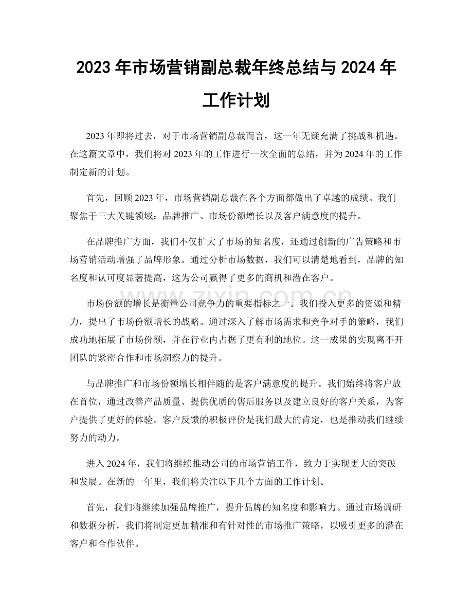 2023年市场营销副总裁年终总结与2024年工作计划.docx_第1页