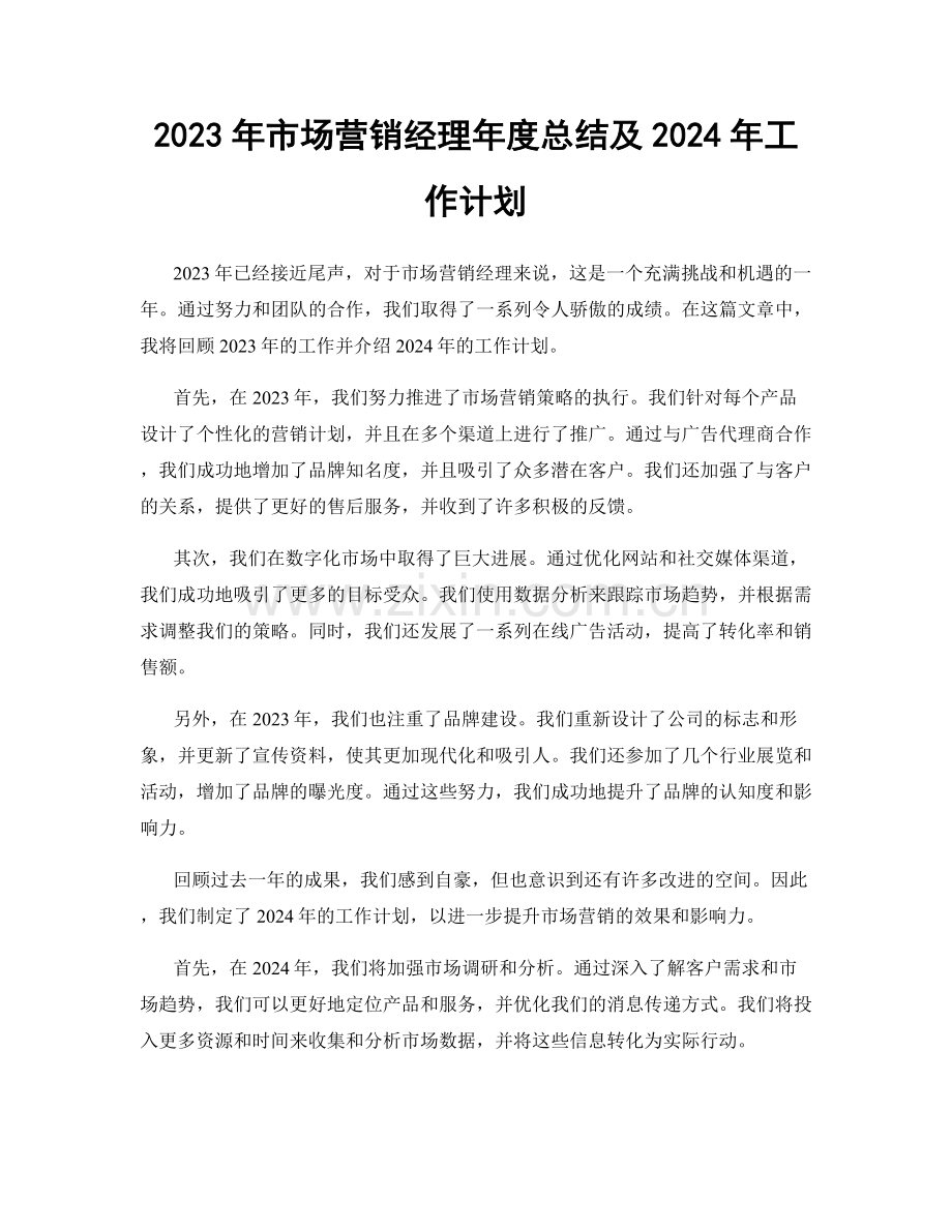 2023年市场营销经理年度总结及2024年工作计划.docx_第1页