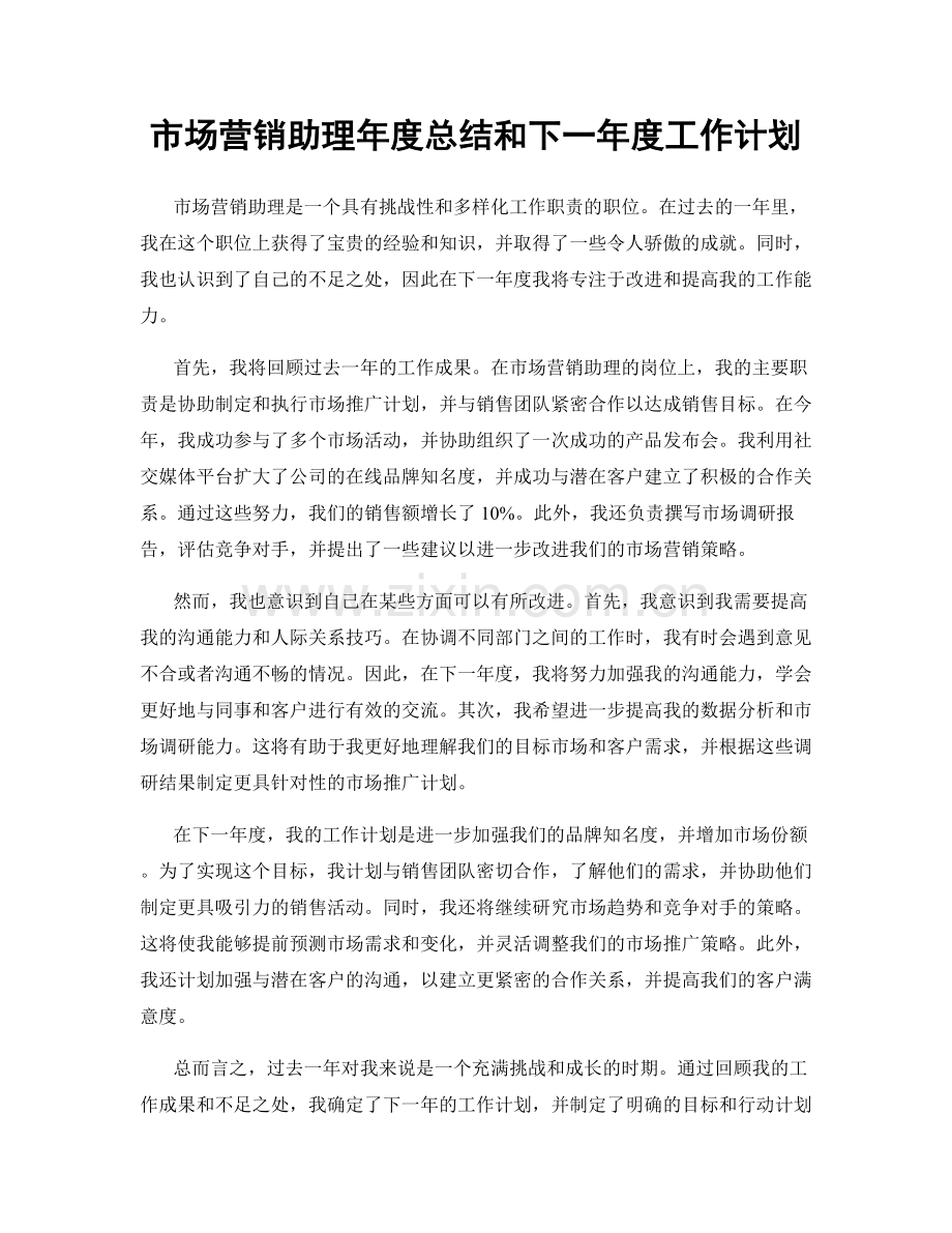 市场营销助理年度总结和下一年度工作计划.docx_第1页