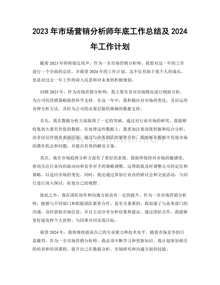 2023年市场营销分析师年底工作总结及2024年工作计划.docx_第1页