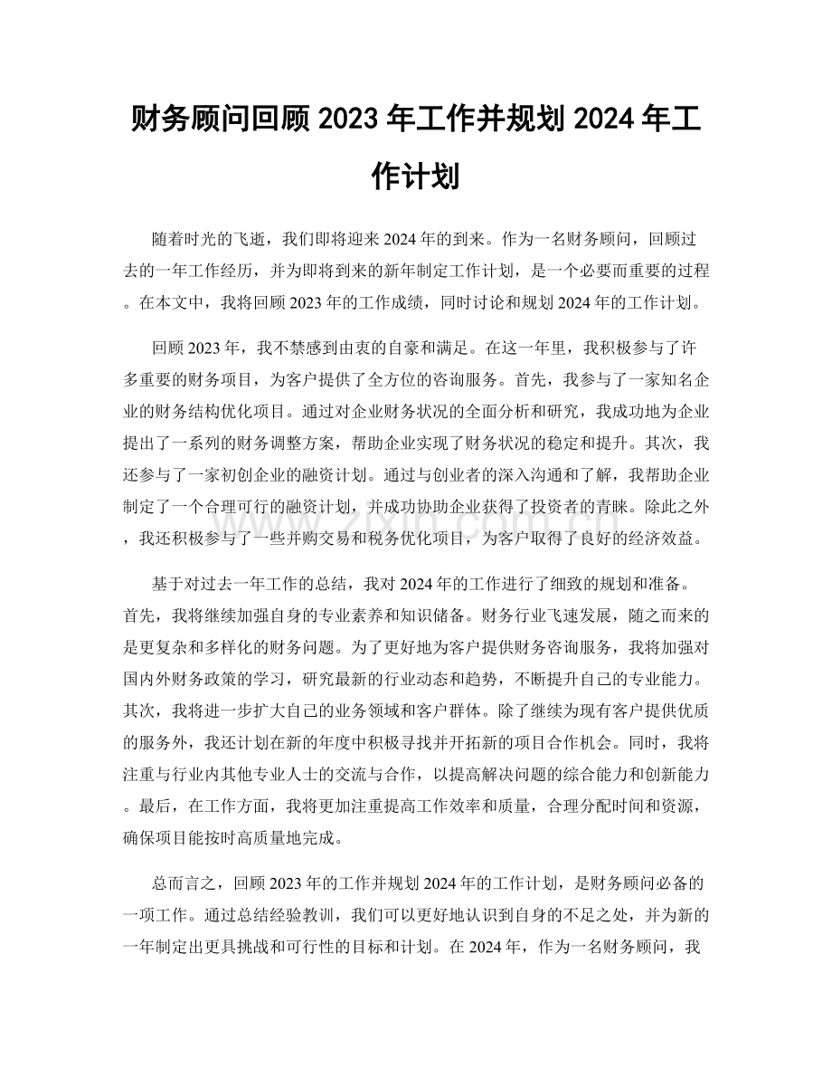 财务顾问回顾2023年工作并规划2024年工作计划.docx_第1页