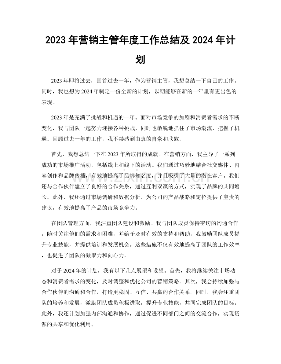 2023年营销主管年度工作总结及2024年计划.docx_第1页