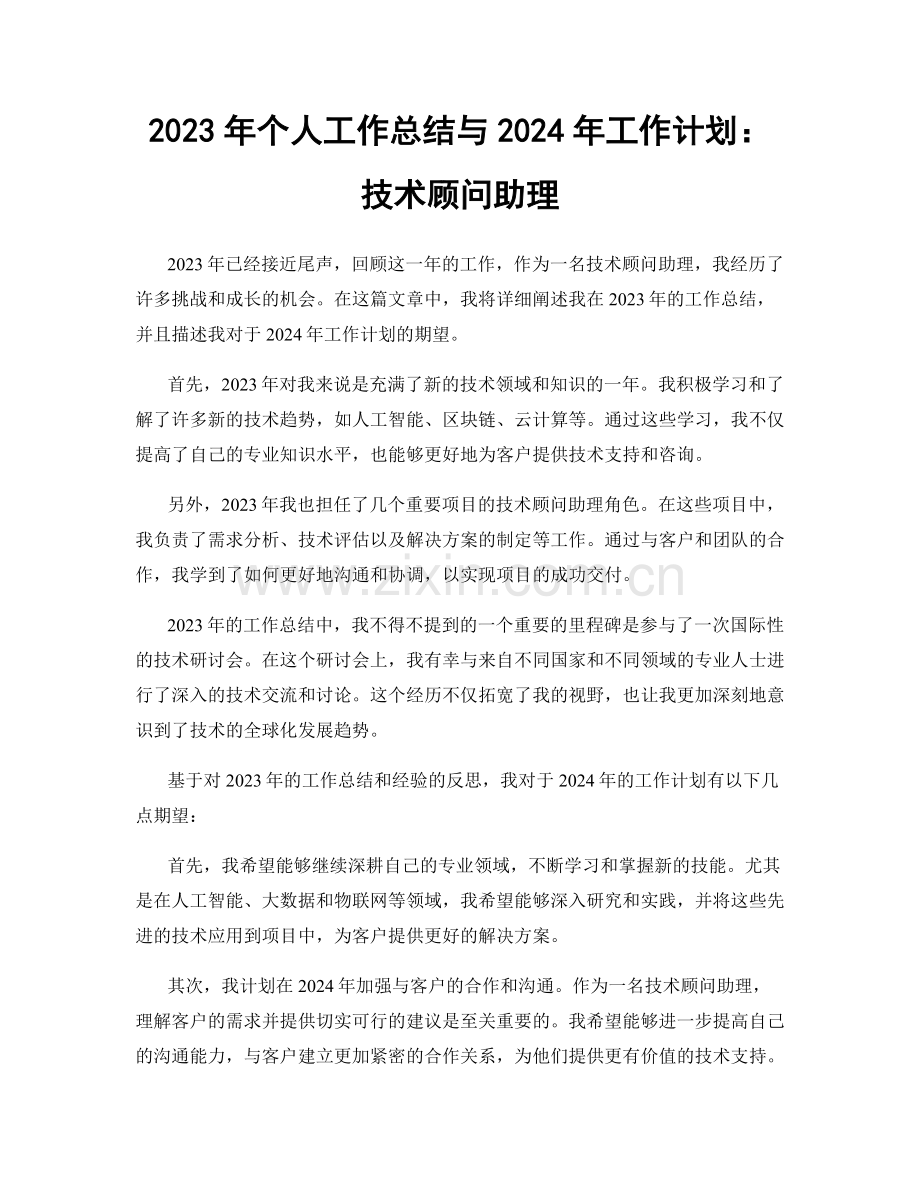 2023年个人工作总结与2024年工作计划：技术顾问助理.docx_第1页