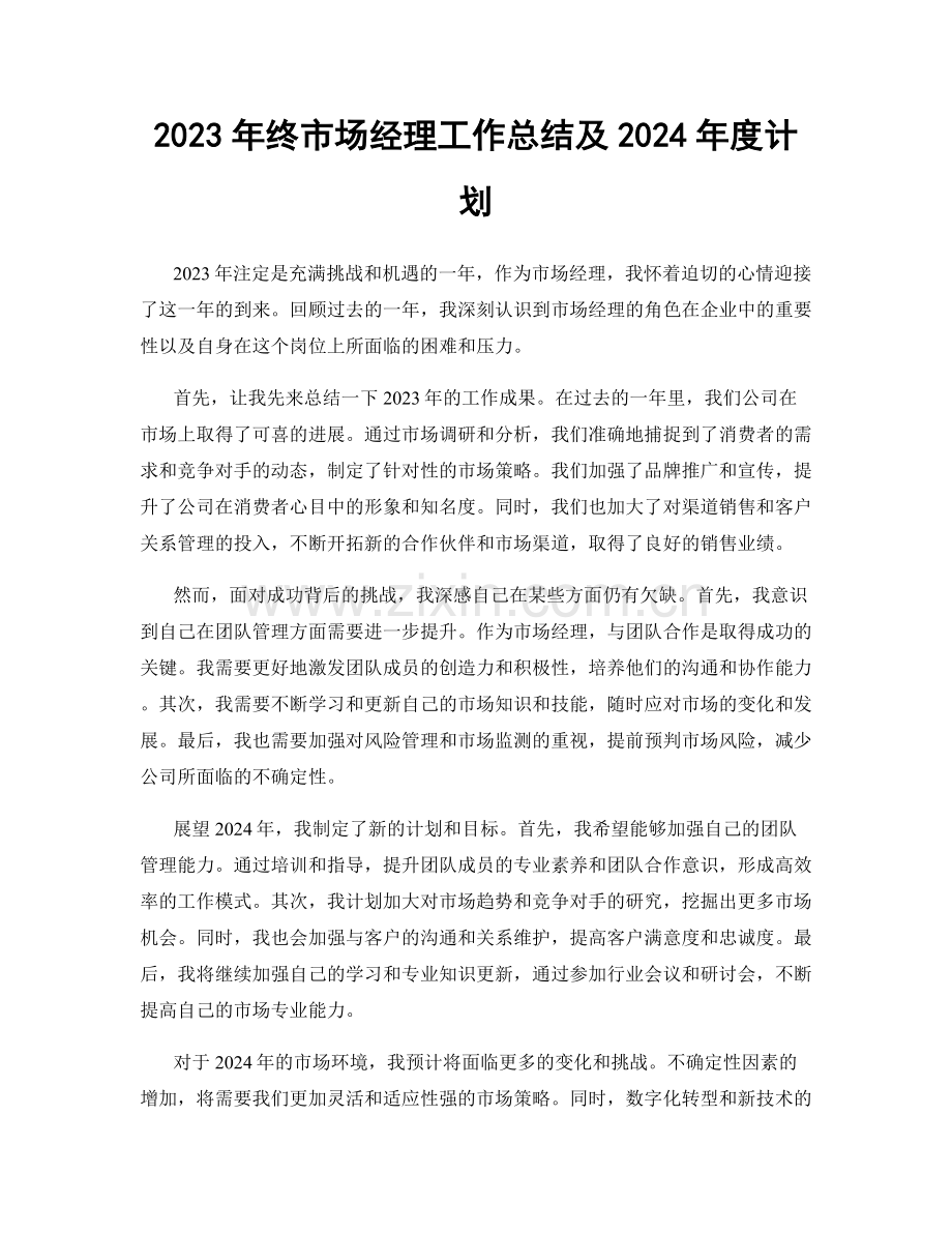 2023年终市场经理工作总结及2024年度计划.docx_第1页