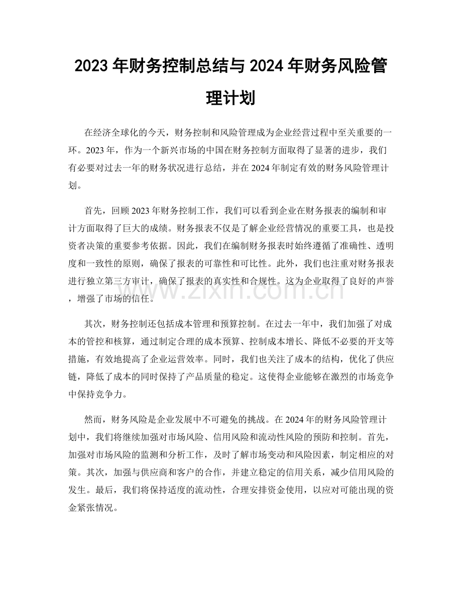 2023年财务控制总结与2024年财务风险管理计划.docx_第1页