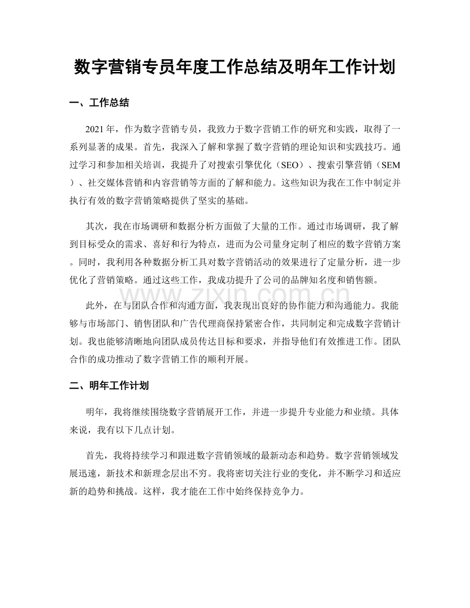 数字营销专员年度工作总结及明年工作计划.docx_第1页