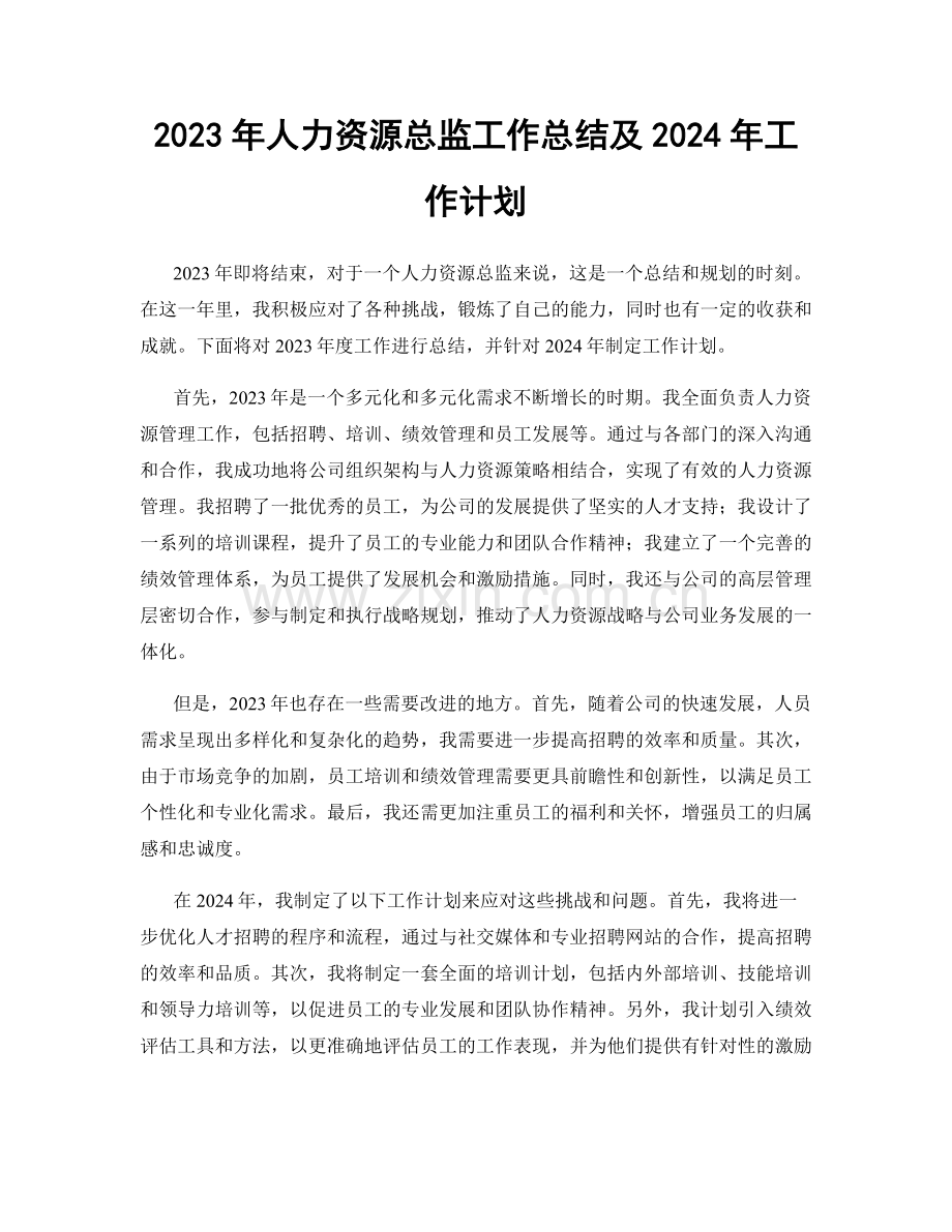 2023年人力资源总监工作总结及2024年工作计划.docx_第1页