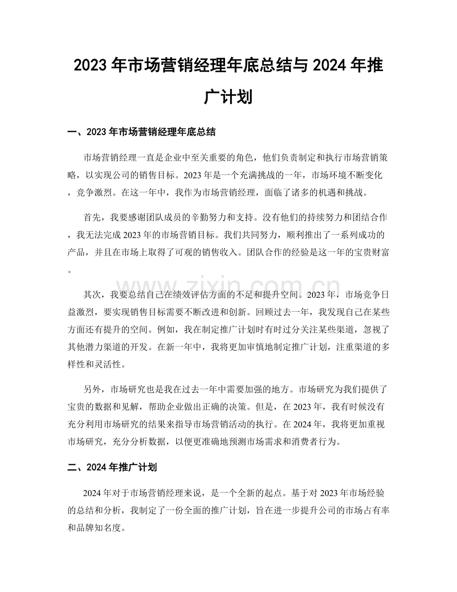 2023年市场营销经理年底总结与2024年推广计划.docx_第1页