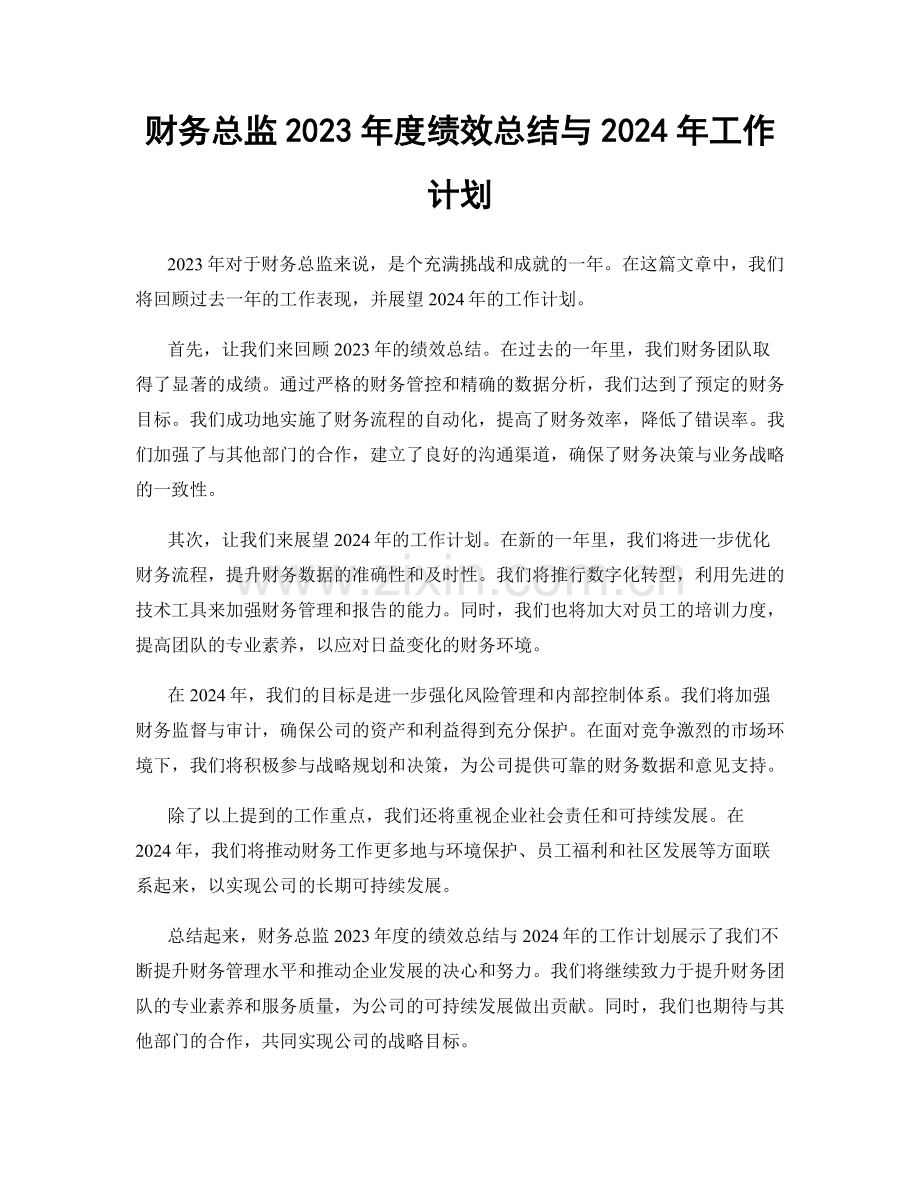 财务总监2023年度绩效总结与2024年工作计划.docx_第1页