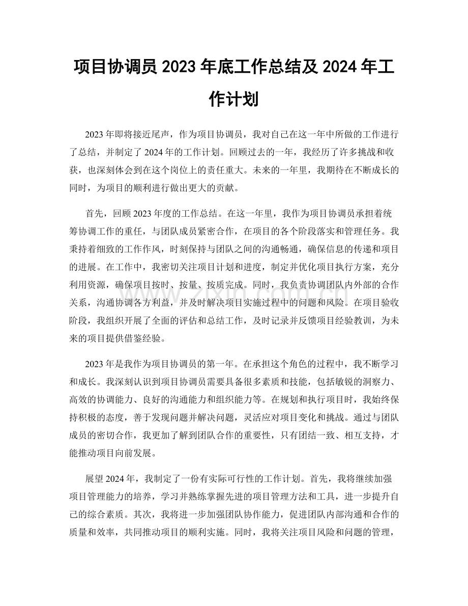 项目协调员2023年底工作总结及2024年工作计划.docx_第1页