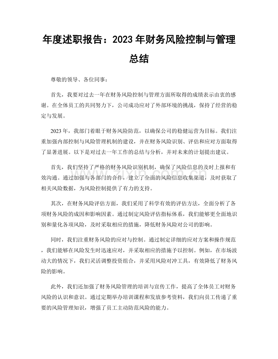 年度述职报告：2023年财务风险控制与管理总结.docx_第1页