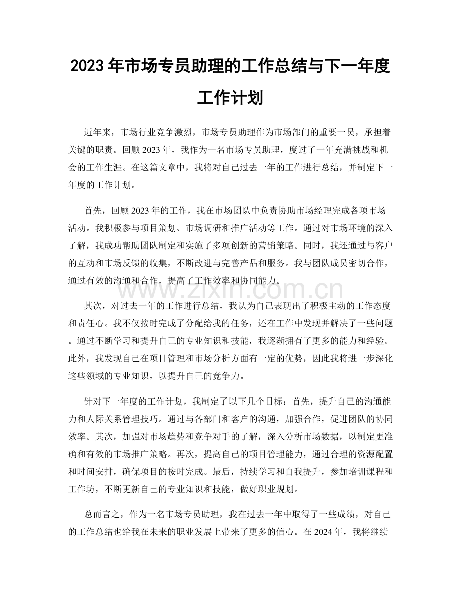 2023年市场专员助理的工作总结与下一年度工作计划.docx_第1页