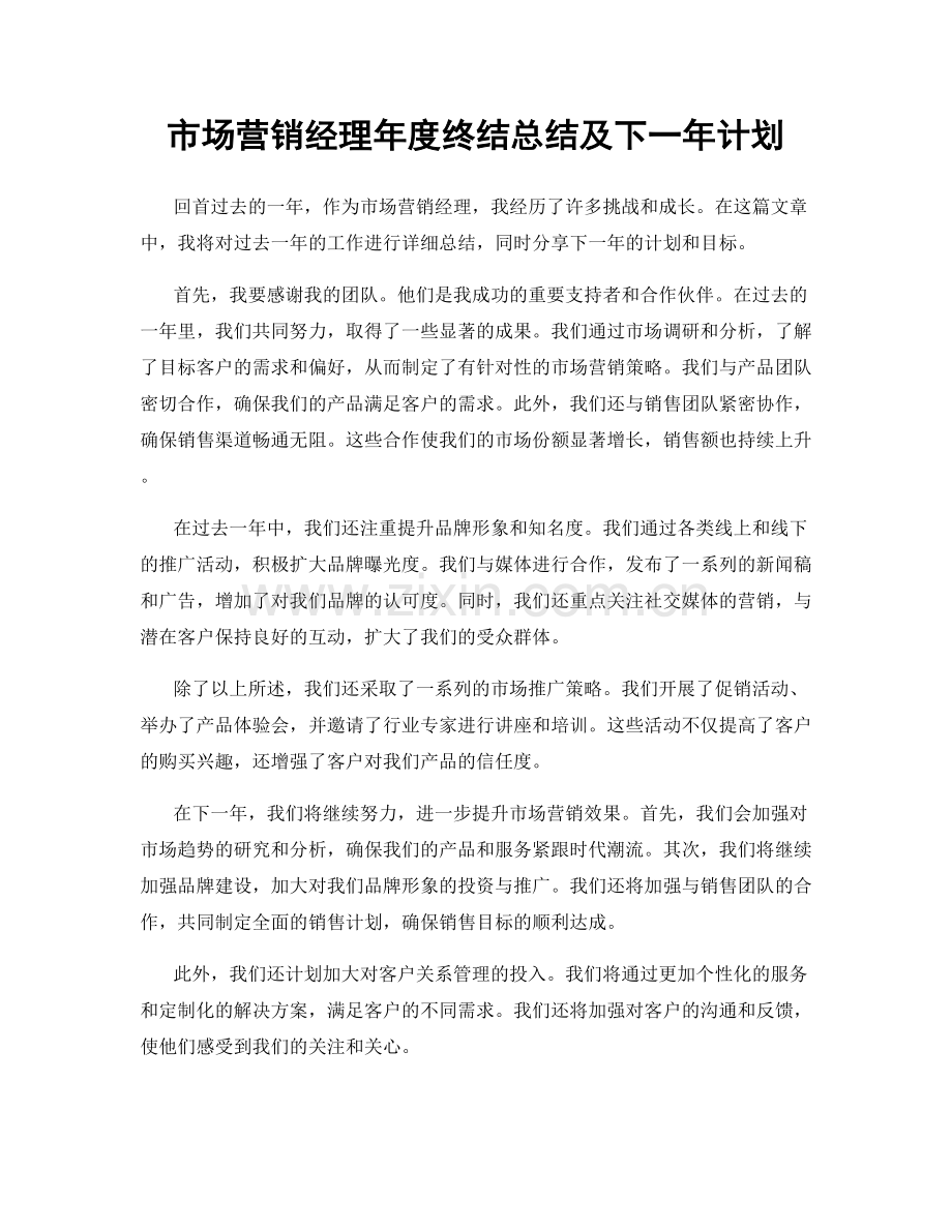 市场营销经理年度终结总结及下一年计划.docx_第1页