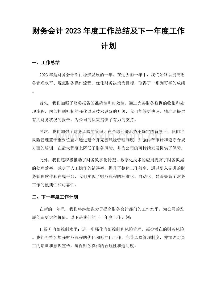 财务会计2023年度工作总结及下一年度工作计划.docx_第1页